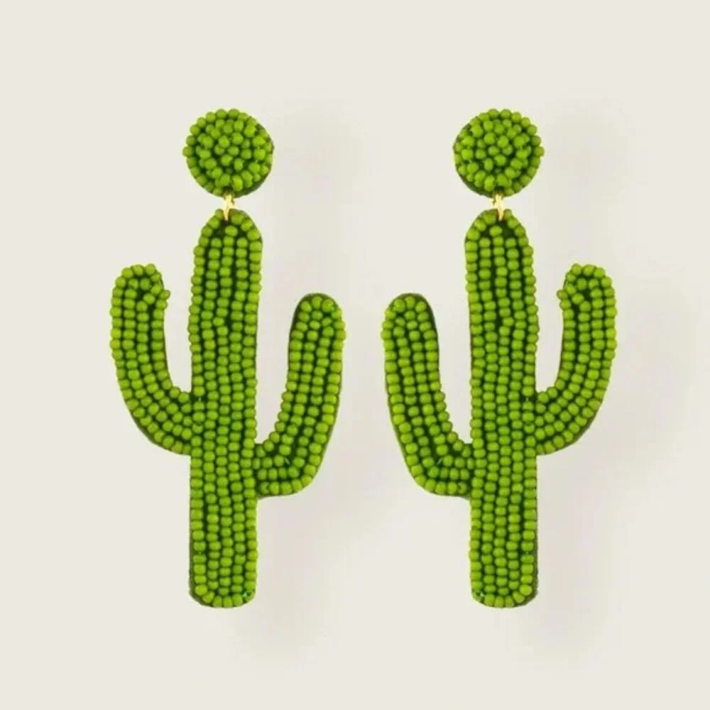 Cactus Glass Bead Green Statement Desert Plant Southwestern Dangle Party Earring